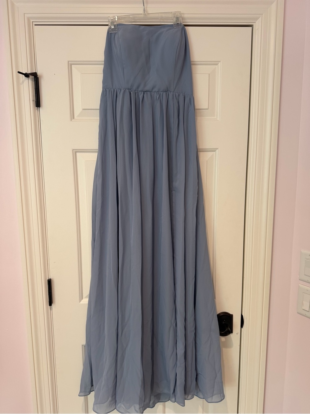 Birdy Grey Strapless Floor-Length Chiffon Gown in Dusty Blue